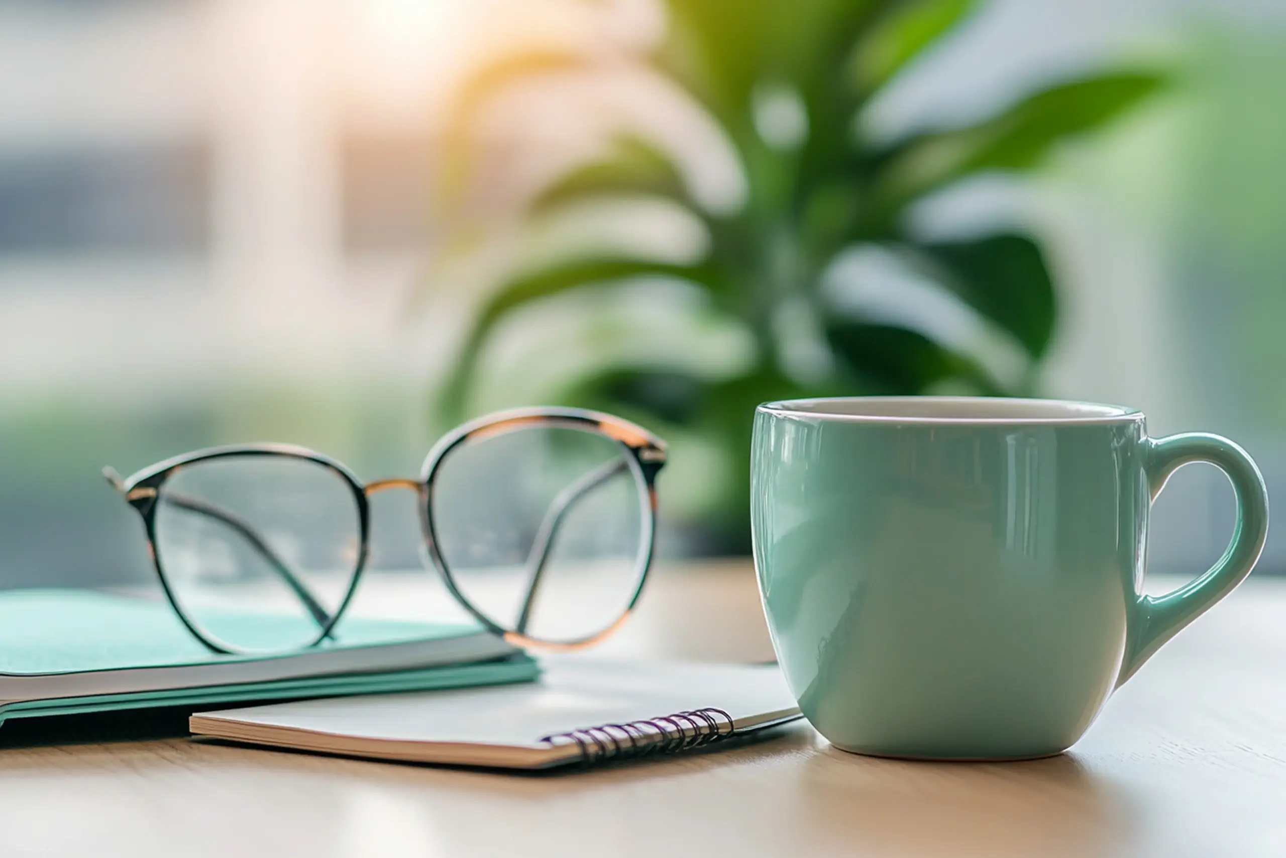 Kaffekopp, glasögon och anteckningsbok på skrivbord i ljus miljö